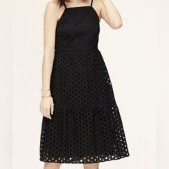 Loft Black Eyelet Midi Dress 2 Petite Cotton Tiered Adjustable Straps Summer - Picture 1 of 13